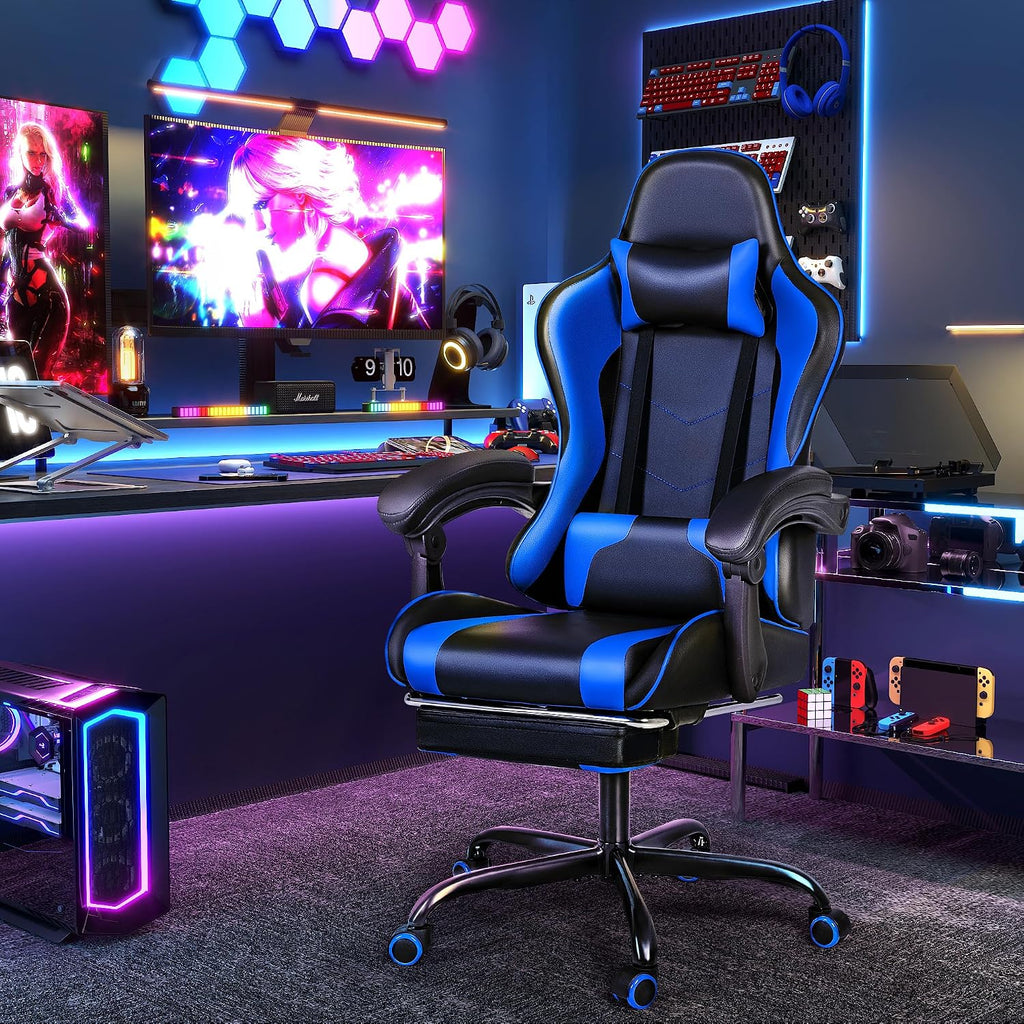 Furmax Gaming Chair, Video Game Chair with Footrest and Massage Lumbar Support, Swivel Seat Height Adjustable Computer Chair with Headrest, Racing E-Sport Gamer Chair (Blue) - Image 2