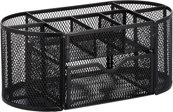 Amazon Basics Mesh Desk Organizer with Pen Holder, Pullout Drawer and Office Caddy Storage, 9.25" x 4.53" x 3.94", Black by AmazonBasics