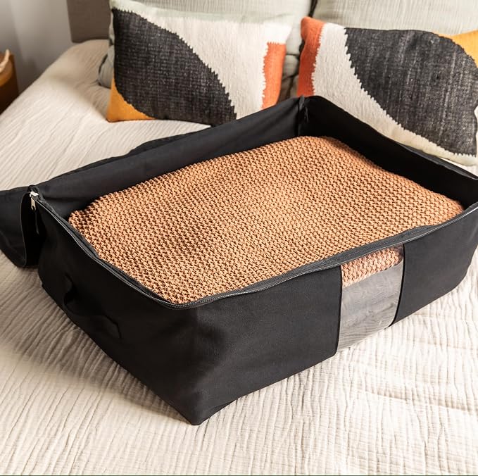 Soft Canvas Storage Bags with Zipper. Thick Breathable, 1pc King/Queen Comforter Organizer. Four Carrying Handles and Window. Large 25x19x9in Bag for Sheets Blankets Bedding Pillows, Clothes (Black) - Image 8