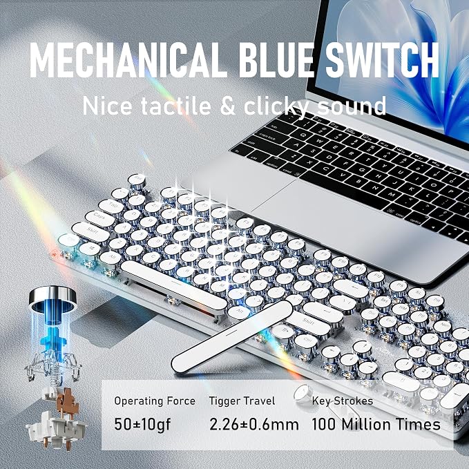 SEUNKWANG EWEADN TK100 Typewriter Style Wired Mechanical Keyboard, 104 Keys Aesthetic Typewriter Keyboard with White Backlit, Anti-Ghosting, Blue Switch Wired Cute Keyboards-White - Image 4