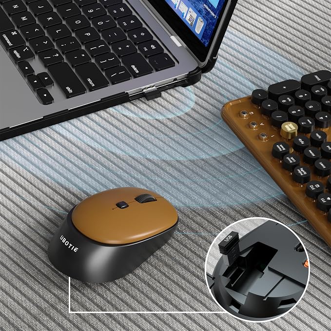 Colorful Wireless Computer Keyboards Mouse Combos (Black Brown) | UBOTIE Polychrome Round Keycaps Retro PC keyboards 2.4GHz Radio Frequency Connection With Optical Mouse Power Switch - Image 4