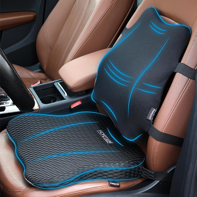 FORTEM Car Seat Cushion & Lumbar Support Pillow for Car, Memory Foam Set | Ergonomic | Better Visibility | Promotes Tailbone & Sciatica Pain Relief | Adjustable Straps | Non Slip | Washable Cover by FORTEM