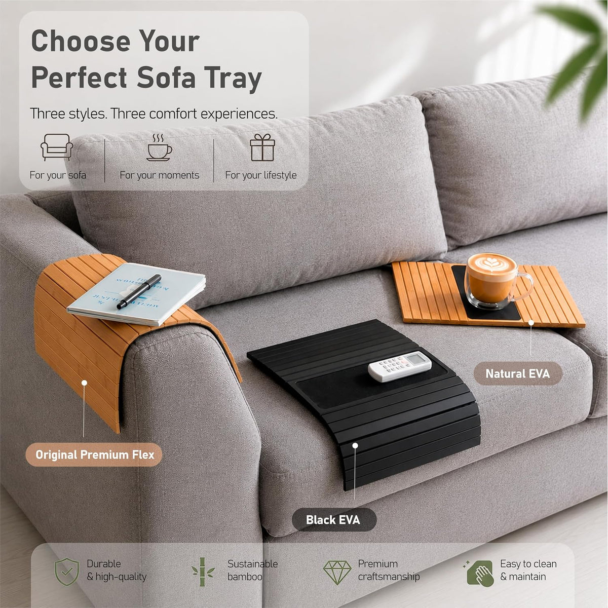 Bamboo Sofa Tray with Rigid Center - Flexible Couch Armrest Organizer, Non-Slip Base, Black - Image 5