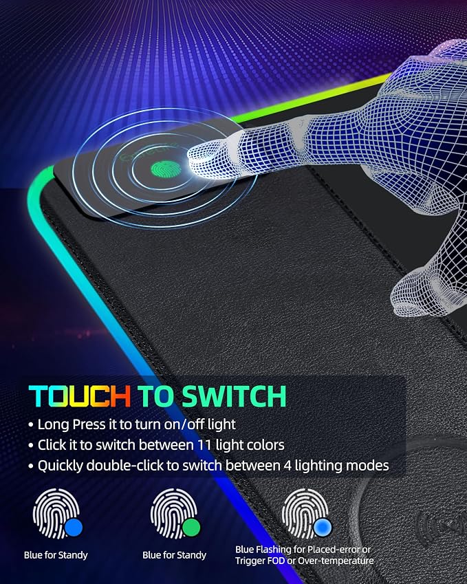 RGB Gaming Mouse Pad with 15W Magnetic Wireless Charging, 31.5"x15.7" | Large Desk Mat, 15 Lighting Mode, Ultra-Smooth Surface, Non-Slip Mousepad, Waterproof Computer Keyboard Pad for Gamer, Black - Image 6