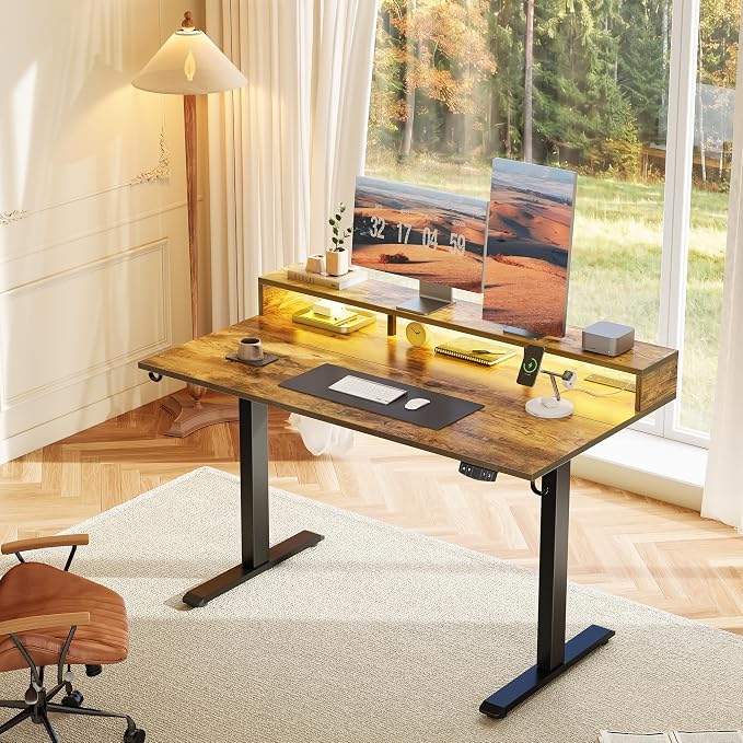 Klicelor Electric Standing Desk with Shelf, 55 Inch Height Adjustable Desk with Power Outlets & LED, Sit Stand Up Table with Monitor Stand, Computer Workstation for Home Office, Rustic Brown - Image 2