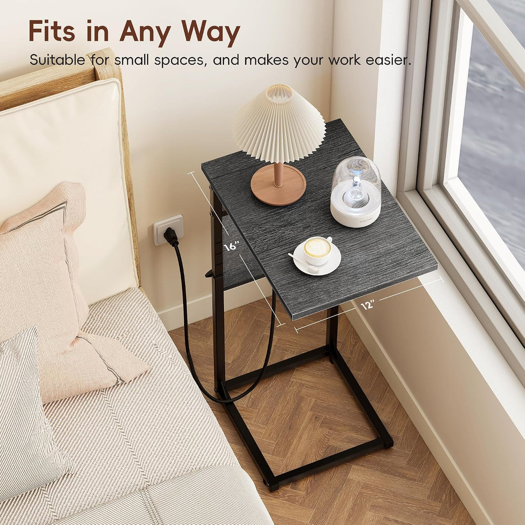 C Shaped End Table with Charging Station, C Table End Table Adjustable Height, Small Side Table for Couch, Sofa Table Slide Under Couch TV Tray Arm Table for Living Room, Bedroom, Gray Walnut - Image 5