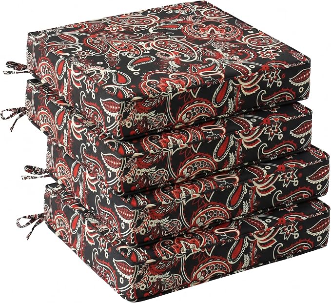 UNIKOME Outdoor Chair Cushions Set of 4, Water Resistant Patio Seat Cushions with Ties for Outdoor Furniture, High-Density Foam, UV & Fade Resistant, Piped Edge – 18.5" x 16" x 3", Red Paisley Floral by UNIKOME