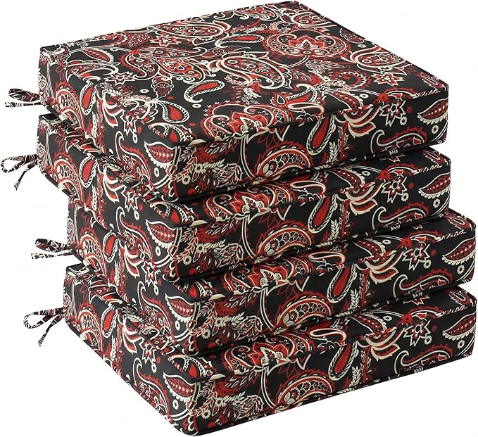 UNIKOME Outdoor Chair Cushions Set of 4, Water Resistant Patio Seat Cushions with Ties for Outdoor Furniture, High-Density Foam, UV & Fade Resistant, Piped Edge – 19" x 19" x 3", Red Paisley Floral by UNIKOME