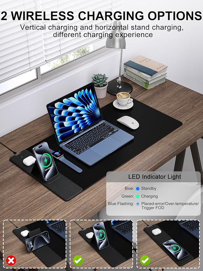 TopMade 4-in-1 Mouse Pad with 15W Wireless Charging, Foldable Phone Holder, 31.5" x 15.75" XXL Large Desk Pad, Gaming Mousepad with Ultra-Smooth Surface, Non-Slip Base, Waterproof Desk Mat, Black - Image 2