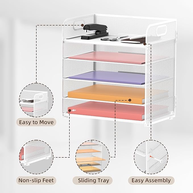 5 Trays Paper Organizer Letter Tray with Handle-Mesh Desk File Holders, Paper Sorter Desk Organizer for Office, Home, Classroom or School, White - Image 3