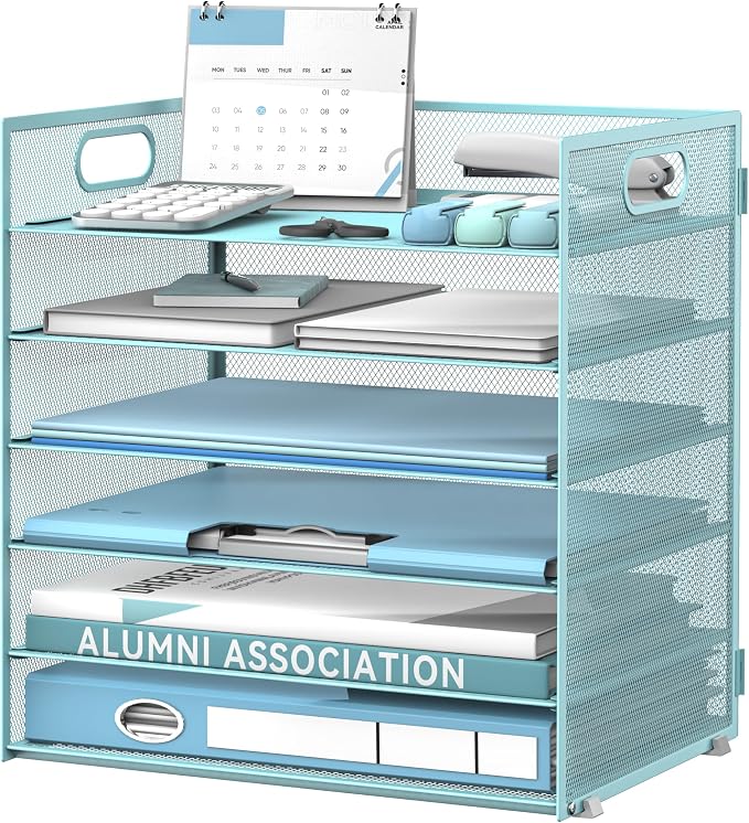 Daltack 6-Tier Paper Organizer for Desk with Handle, Blue | Sturdy Metal Mesh Organizer with Movable Middle Trays and a Carry Handle for Papers, Folders and Office Supplies by DALTACK