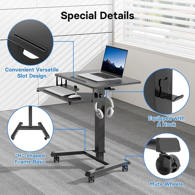 BONTEC Mobile Standing Desk with Keyboard Tray, Mobile Podium on Wheels | Rolling Laptop Sit Stand Desk, Adjustable Height Desk Up to 33lbs, Portable Computer Workstation Cart for Living Room, Office - Image 5