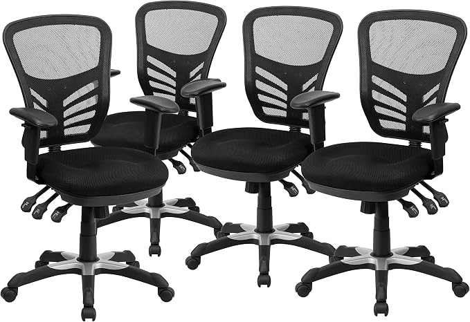 Flash Furniture Nicholas Mid-Back Black Mesh Multifunction Executive Swivel Ergonomic Office Chair with Adjustable Arms, Set of 4 by FlashFurniture