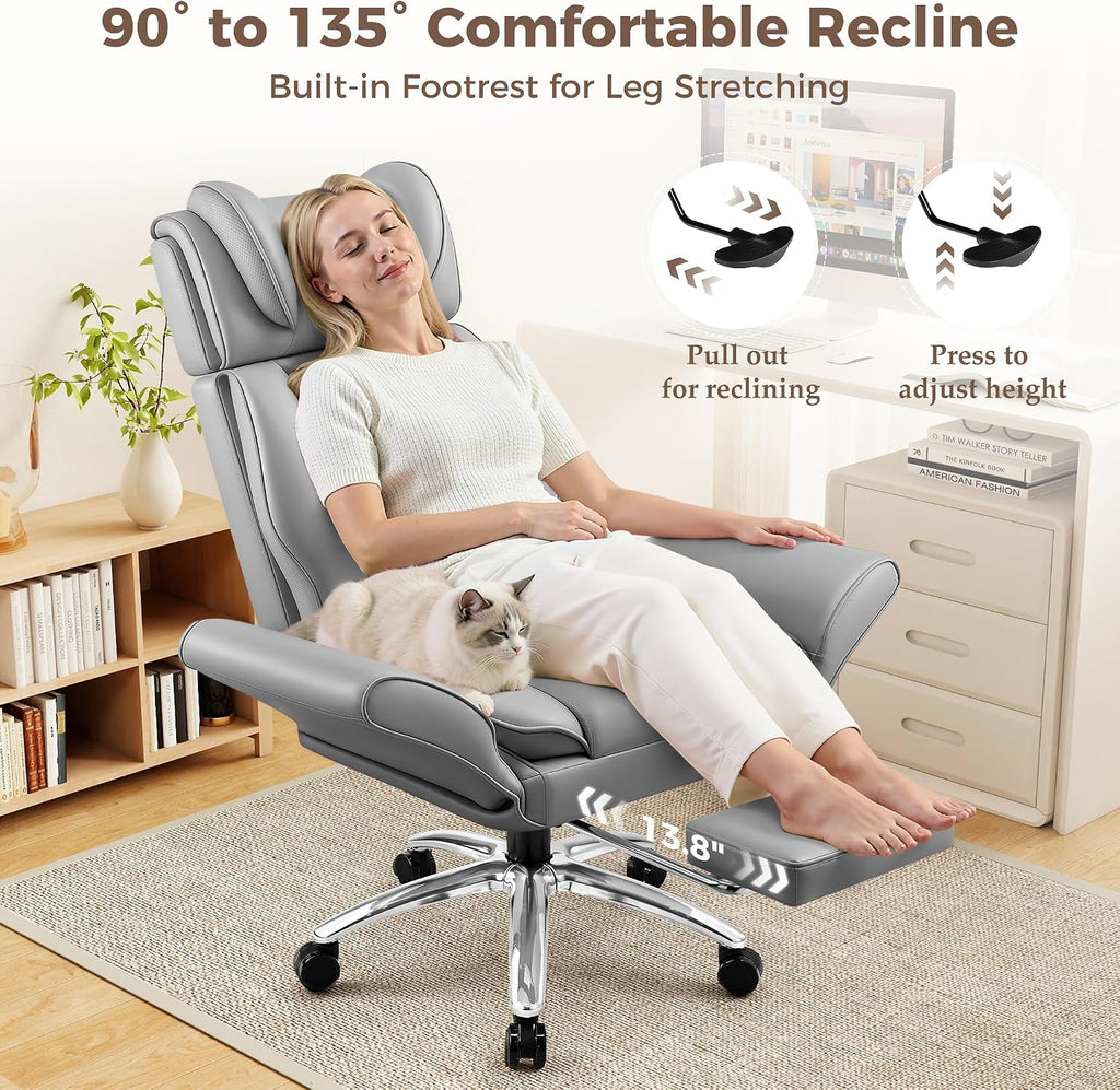 Big and Tall Office Chair, Flip Armrests for Cross Legged Sitting, Ergonomic Leather Executive Desk Chair with Foot Rest, High-Back Reclining Computer Chairs for Office Home Game - Light Gray - Image 6