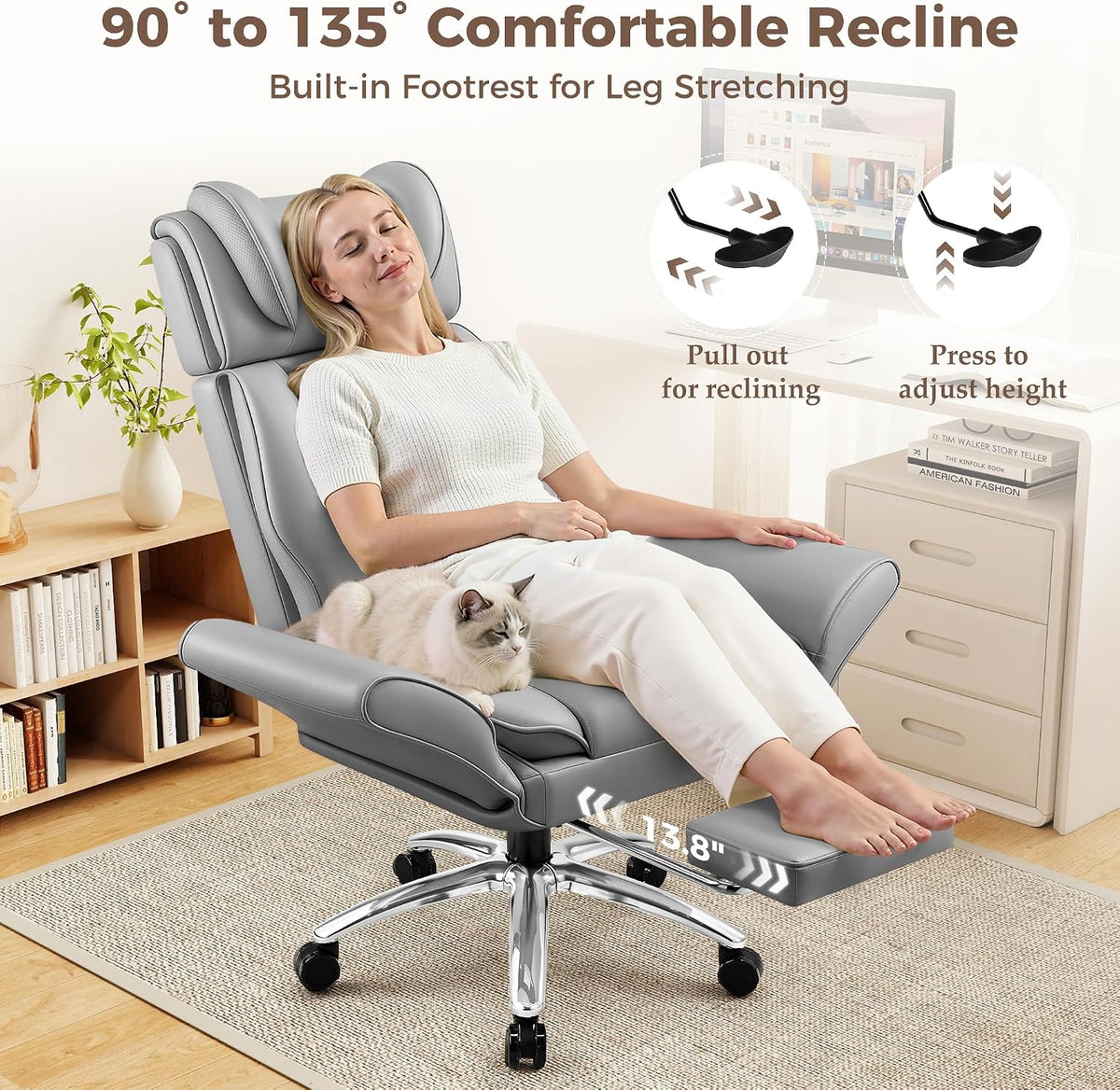 Big and Tall Office Chair, Flip Armrests for Cross Legged Sitting, Ergonomic Leather Executive Desk Chair with Foot Rest, High-Back Reclining Computer Chairs for Office Home Game - Light Gray - Image 6
