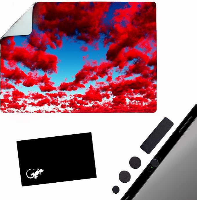 Mouse Pad Adhesive Bottom - Sticks to Any Surface - Portable - Webcam Covers and Screen Cleaner Included (RED Clouds) by GeckoTravelTech