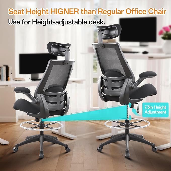 BOLISS Drafting Tall Office Chair 400lbs High Back Standing Desk Chair | Comfortable Wide Chair with Flip up Armrests, Adjustable Headrest,Molded Foam Seat, Lumbar Cushion, Adjustable Big FootRing - Image 5