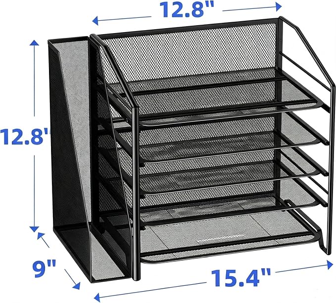 Simple Trending 5-Tier Desk File Organizer, Paper Organizer, Black | Adjustable Letter Trays, Side File Shelf, Durable Steel Mesh, Space Saving, for Home Office, 15.4"L x 9"W x 13"H - Image 3