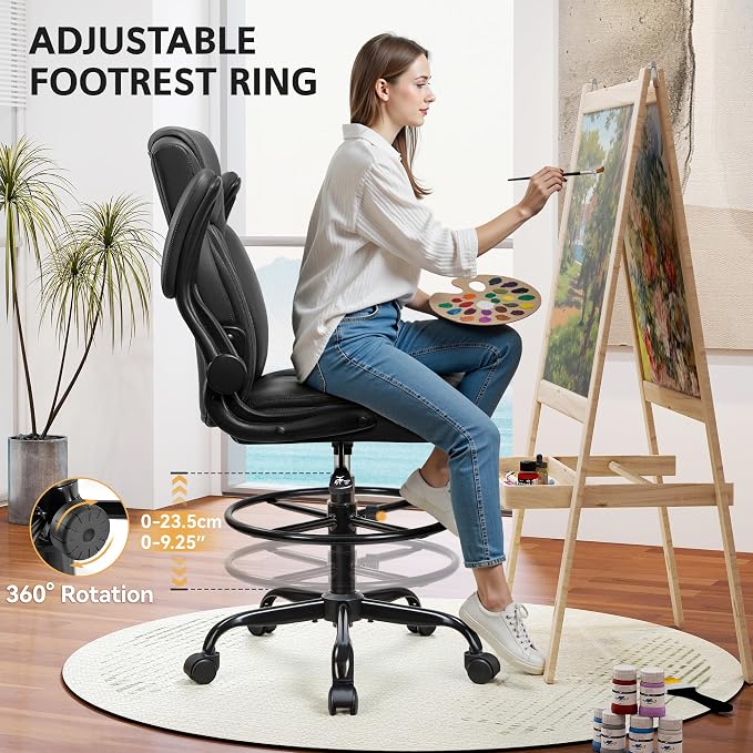Drafting Chair, Tall Office Chair for Standing Desk, High Executive Leather Ergonomic Computer Chair with Adjustable Height and Flip-Up Armrest for Counter Height Desk, Black, Pack of 1 - Image 7