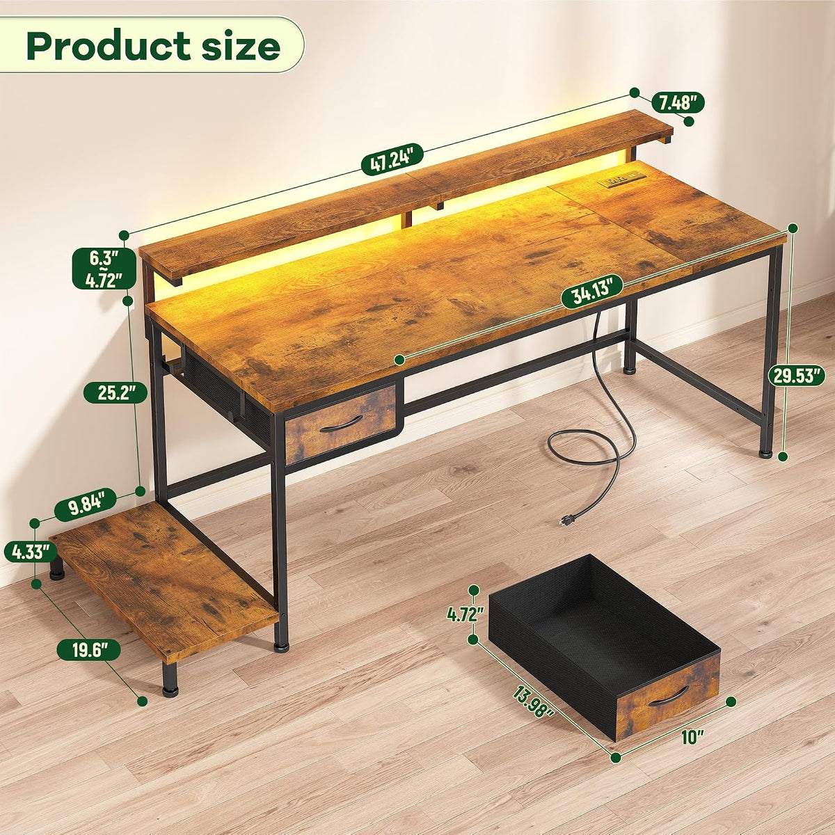 47.2" Office Desk with Power Outlet & Monitor Stand,Rustic Brown - Image 3