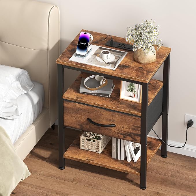 OLIXIS Nightstand with Charging Station, Beside Table with Fabric Drawer | 3-Tier End Table with 2 Storage Shelves,Night Stand with USB Ports and Outlets for Bedroom, Rustic Brown - Image 2