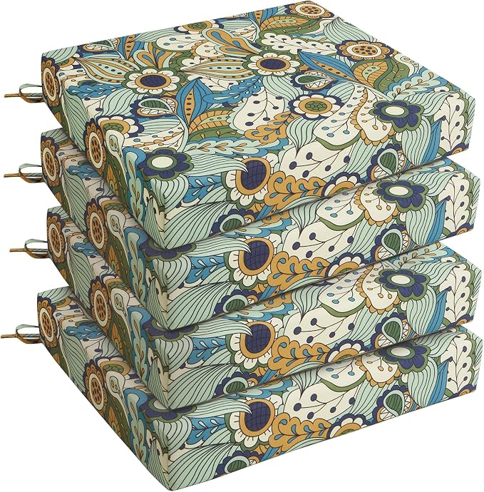 UNIKOME Outdoor Chair Cushions Pack of 4, Water Resistant Patio Cushions with Ties, High Density Sponge Filling Square Corner Seat Cushions for Outdoor Furniture, 18.5"*16"*3", Sun Flower by UNIKOME