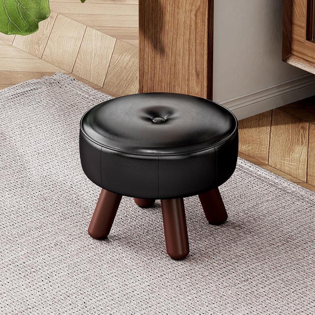 13in Small Round Foot Stool, Faux Leather Footrest, Black Footstool Ottoman - Image 2