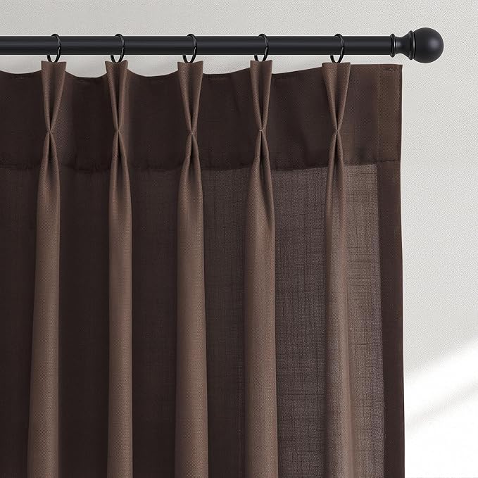 Hokibero Coffee Pinch Pleated Linen Curtains 84 Inch Long for Living Room | Brown Light Filtering Sheer Curtain,Pinch Pleat Back Tab Hooks Rings,Boho Textured Privacy Drapes for Bedroom Window,2 Panels by Hokibero
