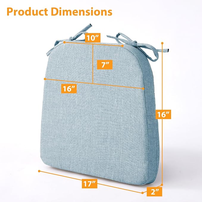 Ruqmuis Chair Cushions for Dining Chairs, 2" Thick Seat Cushions for Kitchen Chairs, D-Shaped Chair Pads with Washable Cover, Ties and Non Slip Backing, 17'' x 16'', Set of 6, Light Blue - Image 3