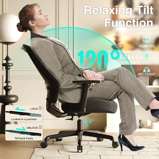 Mesh Office Chair,Ergonomic Computer Desk Chair,Sturdy Task Chair- Adjustable Lumbar Support & Armrests,Tilt Function,Comfort Wide Seat,Swivel Home Office Chair (Noir Black) - Image 7