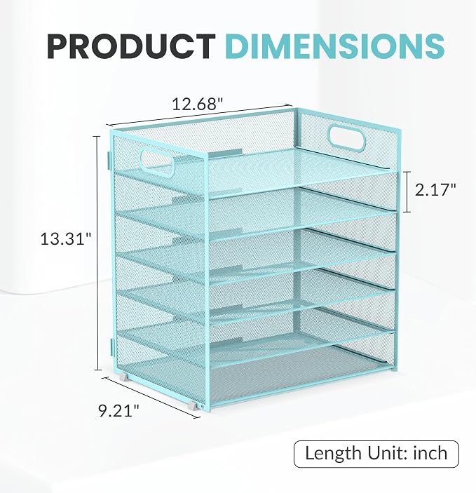 Daltack 6-Tier Paper Organizer for Desk with Handle, Blue, 2 Pack | Sturdy Metal Mesh Organizer with Movable Middle Trays and a Carry Handle for Papers, Folders and Office Supplies - Image 2