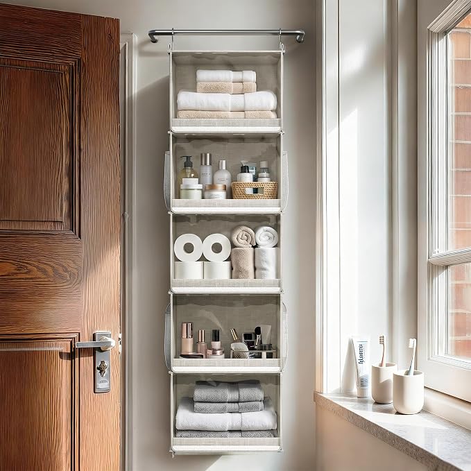 Vailando 5-Shelf Hanging Closet Organizer with Clear Dust Covers, Gray | Individual Clear Covers, Reinforced PP Shelves, 4 Side Pockets and Anti-slip Front Bars for Clothes, Shoes and Purses - Image 4