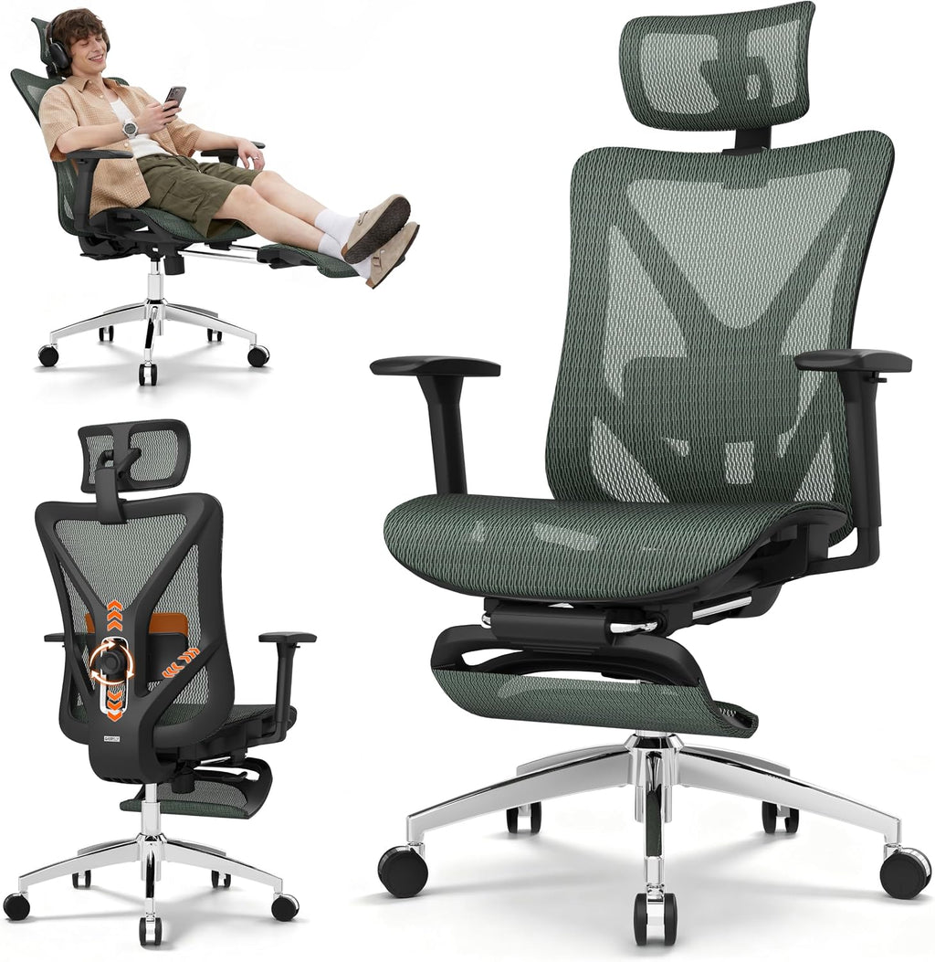 Ergonomic Office Chair with Adjustable Lumbar Support, 3D Armrests & Headrest, 135° Reclining Chair with Footrest & Large Steel Base,300LBS Swivel Desk Chair(GYMN01-JG) by GABRYLLY