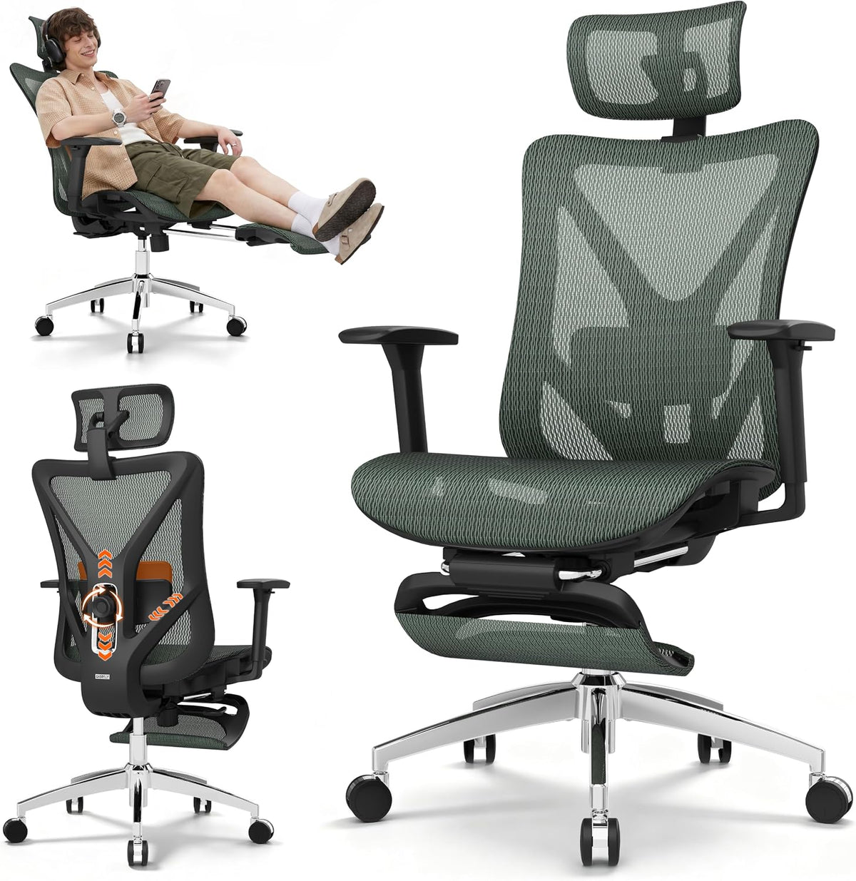 Ergonomic Office Chair with Adjustable Lumbar Support, 3D Armrests & Headrest, 135° Reclining Chair with Footrest & Large Steel Base,300LBS Swivel Desk Chair(GYMN01-JG) by GABRYLLY