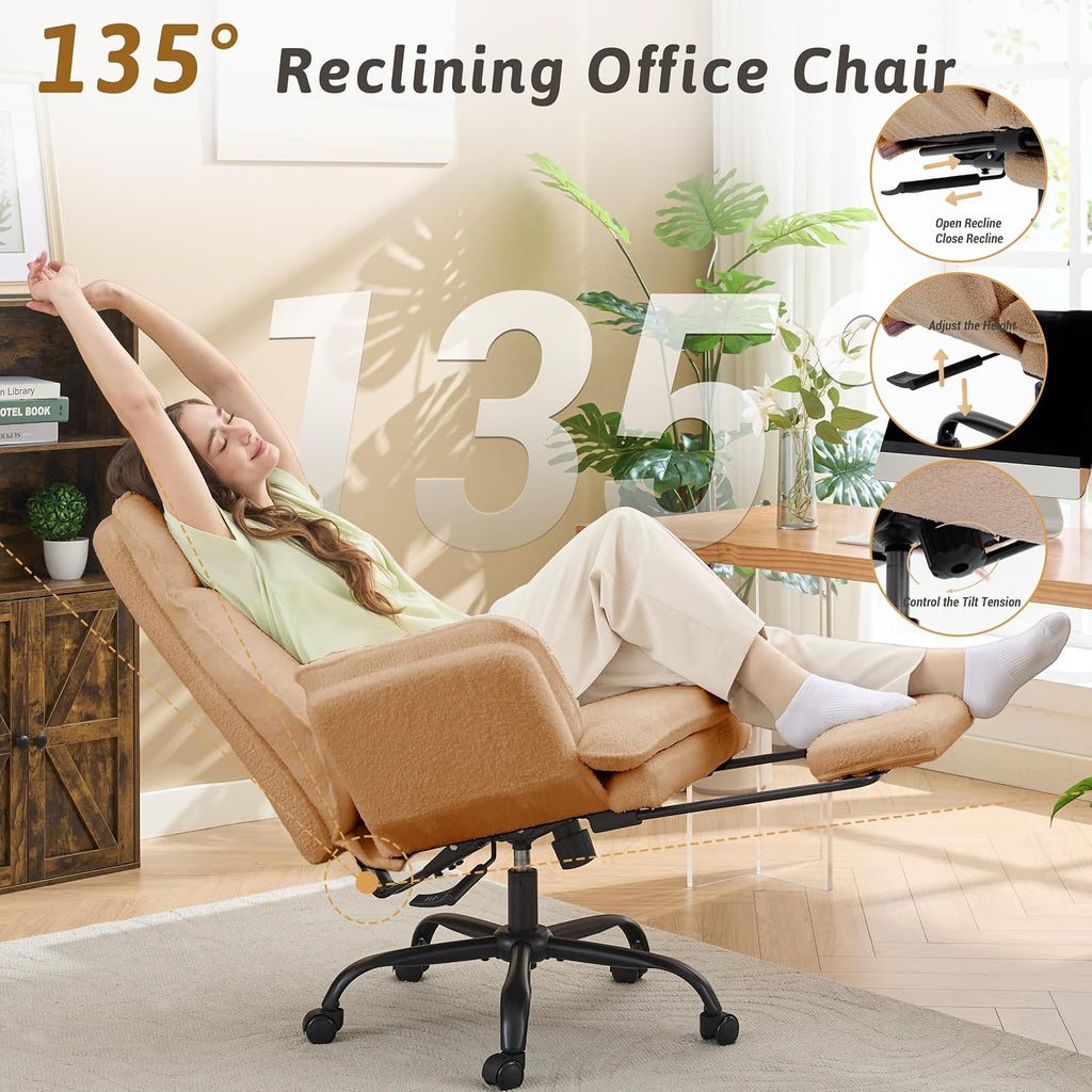 Wider Seat Office Chair with Flip Armrests for Criss Cross Legged&Cats, Big and Tall Executive Ergonomic Reclining Chair with Footrest&Lumbar Pillow, Teddy Fleece Desk Chair,Pink Vanity Chair - Image 5