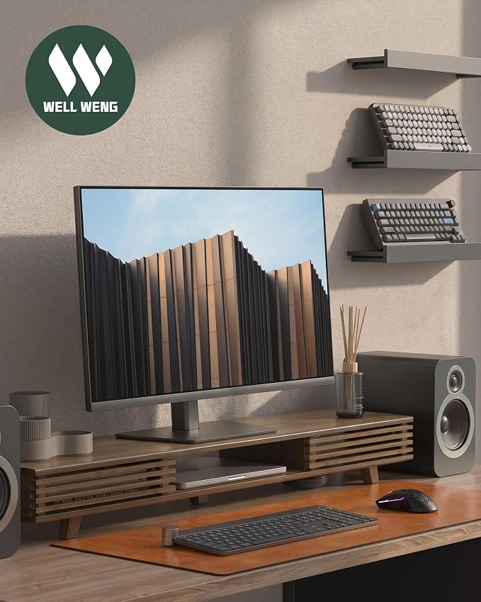 42" Dual Monitor Stand with Sliding Doors Desk Shelf Dark Bamboo | Ergonomic Relief Easy Assembly Solid Construction Cozy Workplace Computer Setup Desk Organizer High Load-bearing - Image 8