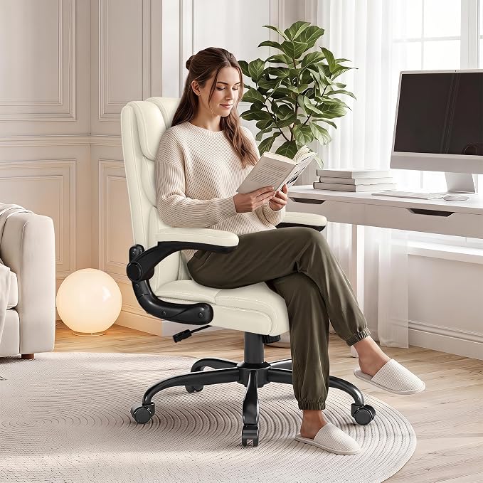 Office Chair, Executive Mid-Back Computer Desk Chair with Flip-up Armrests | 300 Lbs Ergonomic Leather Swivel PC Chair with Rock Function for Working Studying (Creamy White) - Image 8