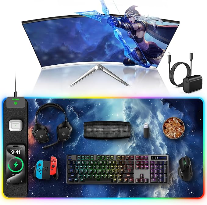 Wireless Charging Mouse Pad, RGB Gaming Mousepad Home Office Desk Pad, 31.5” x 15.8” XXL Large Desk Mat, Waterproof Keyboard Pad, Blue Nebula(Includes 20W PD Power Adapter & 6.56ft Woven Cable) by TopmadeProduct-Ordernow