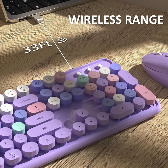 Links9+ Colorful Wireless Keyboard and Mouse Combo (Purple Colorful) | Full-Size Retro Typewriter Style Keyboard with Vintage Round Keycaps, 2.4G Wireless Set for Windows, Mac, Laptop, PC, Tablet - Image 7
