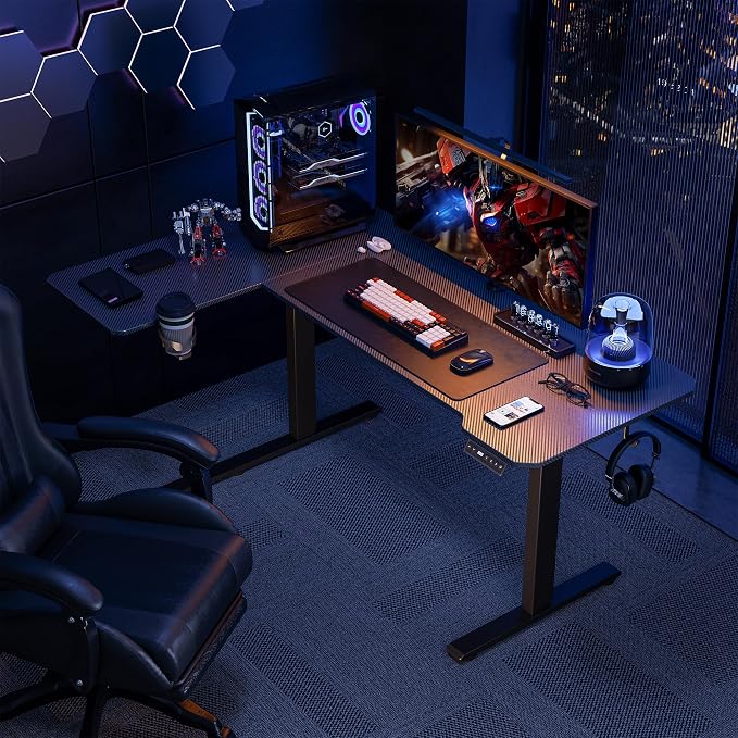L Shaped Electric Standing Desk - 51x31.5 Inch Reversible Corner Sit Stand Desk with Hook&Cup Holder,Electric Height Adjustable Table,for Small Home Office&Bedroom Computer Desk, Black Carbon - Image 2