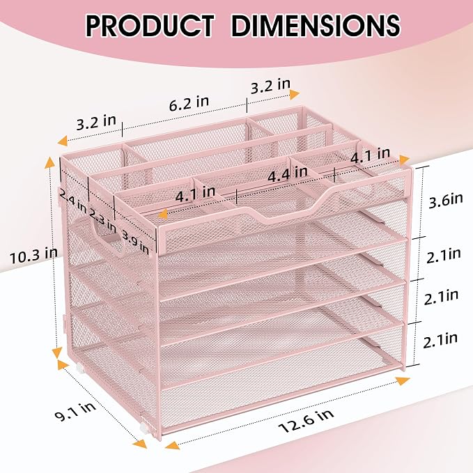 5 Tier Paper Letter Tray Desk Organizer with Pen Holders - Pink | Features 3 pen holders and 4 removable dividers.Versatile mesh desktop storage for mail, document,office supplie - Image 2