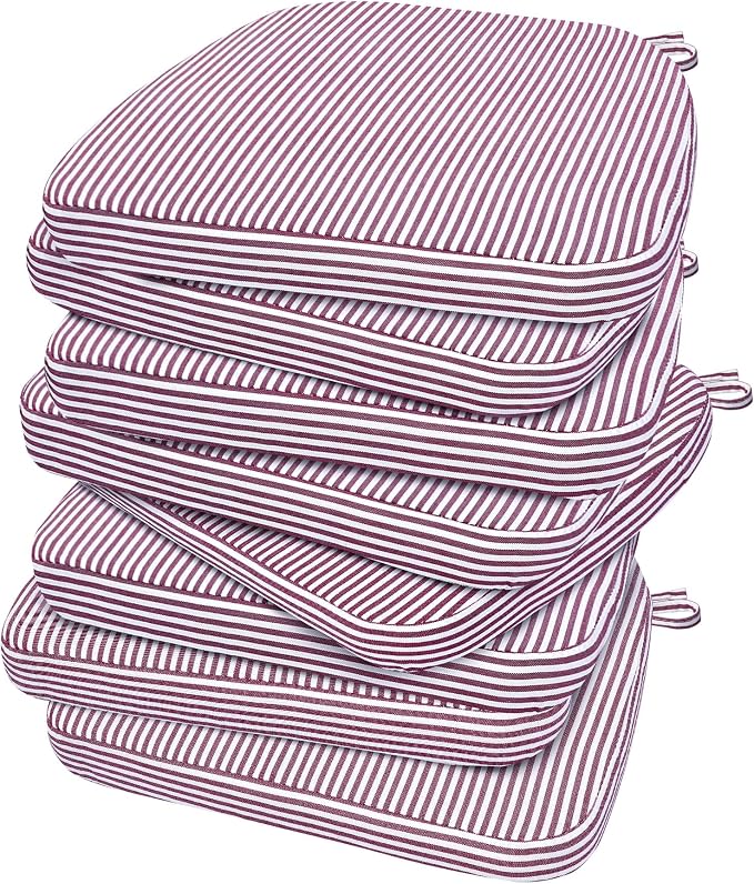 AAAAAcessories D-Shaped Chair Cushions, 2" Thick Dining Chair Pads with Ties and Removable, Machine-Washable Cover, 17" x 16", Set of 8, Pinstripe Red by AAAAAcessories