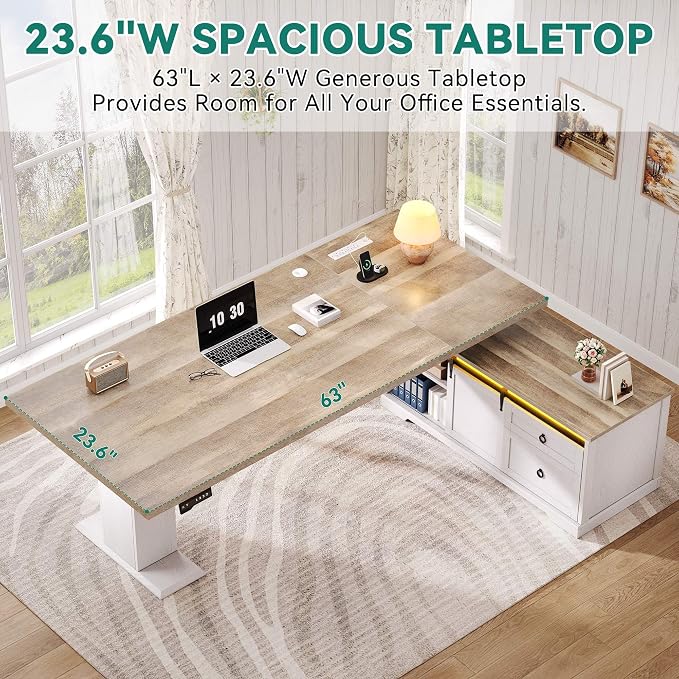 YITAHOME L Shaped Standing Desk with Power Outlets & LED Lights | 63" Farmhouse Electric Standing Desk Adjustable Height Sit Stand Corner Stand Desks with Drawers & Sliding Door, Grey Wash - Image 9