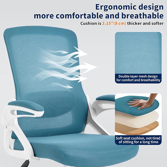 Ergonomic Office Chair Desk Chair with Adjustable Lumbar Support | Mesh Computer Chair Home Office Desk Chair with Flip-up Armrests Executive Task Chair Comfy Mesh Gaming Chair (Lake Blue) - Image 6