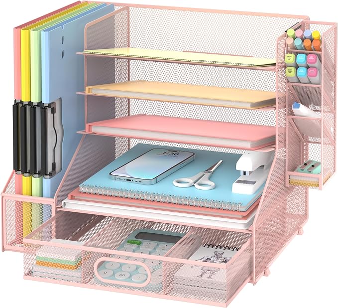 5-Tier Desk Organizer with File Holder & Pen Holder & Sliding Drawer, Pink | Mesh Metal Paper Letter Tray for Papers, Mail, Office Supplies, and Desk Accessories by DALTACK