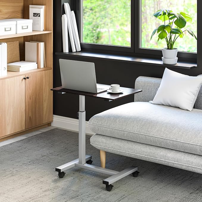 Seville Classics Airlift Height Adjustable Mobile Rolling Laptop Cart Computer Workstation Desk Table for Home, Office, Classroom, Hospital, w/Wheels, Overbed Sit Stand (24"), Espresso - Image 2