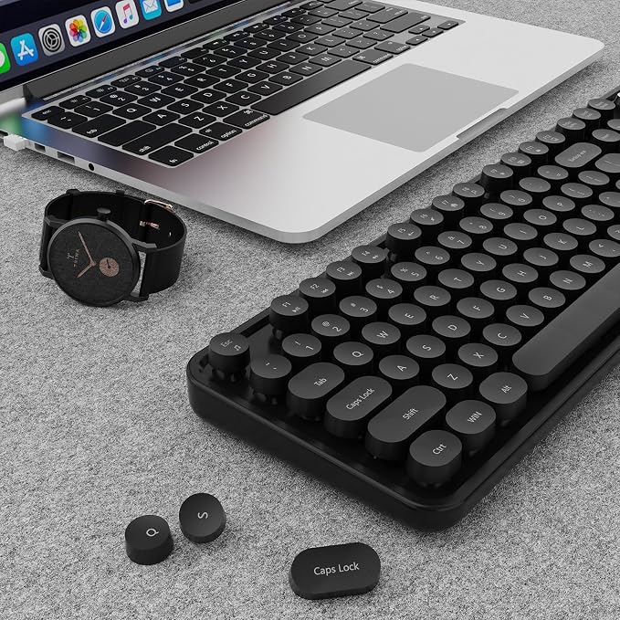 Wireless Keyboard and Mouse Combo, Ergonomic Full Size Typewriter Retro Round Keycaps Keyboard, Compatible with Windows, PC, Perfer for Home and Office Keyboards (Black - Image 9
