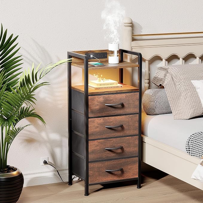 Lazzanto Nightstand with Rear Charging Station, LED Light, 4 Drawers, Brown | Industrial Nightstand, 2 USB-A Ports & AC Outlets, Raised Back Guard, Fabric Storage Drawers, Bedside Table for Bedroom, Dorm - Image 2