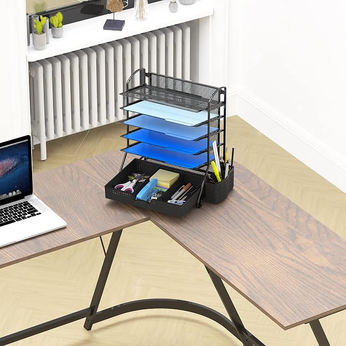 Simple Houseware 6-Tier Desk File Organizer w/Drawer & Pen Holder, Black | 5 Tilted Letter Trays for A4 Paper, Mail and Documents - Image 7