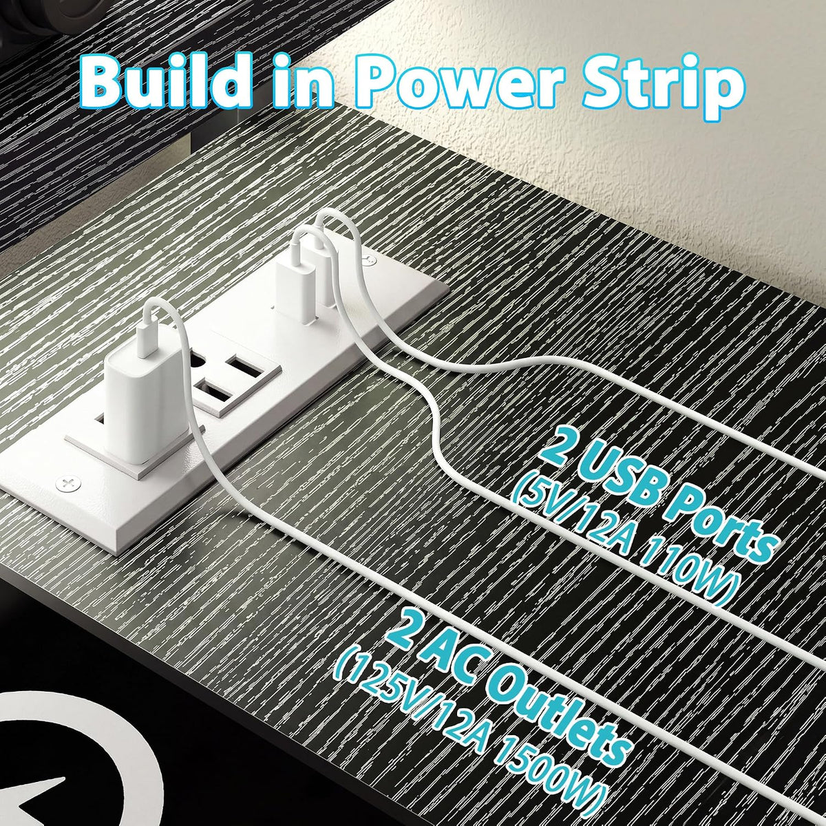 32" Gaming Desk with Power Outlet and LED Lights,Bedroom,Black - Image 5